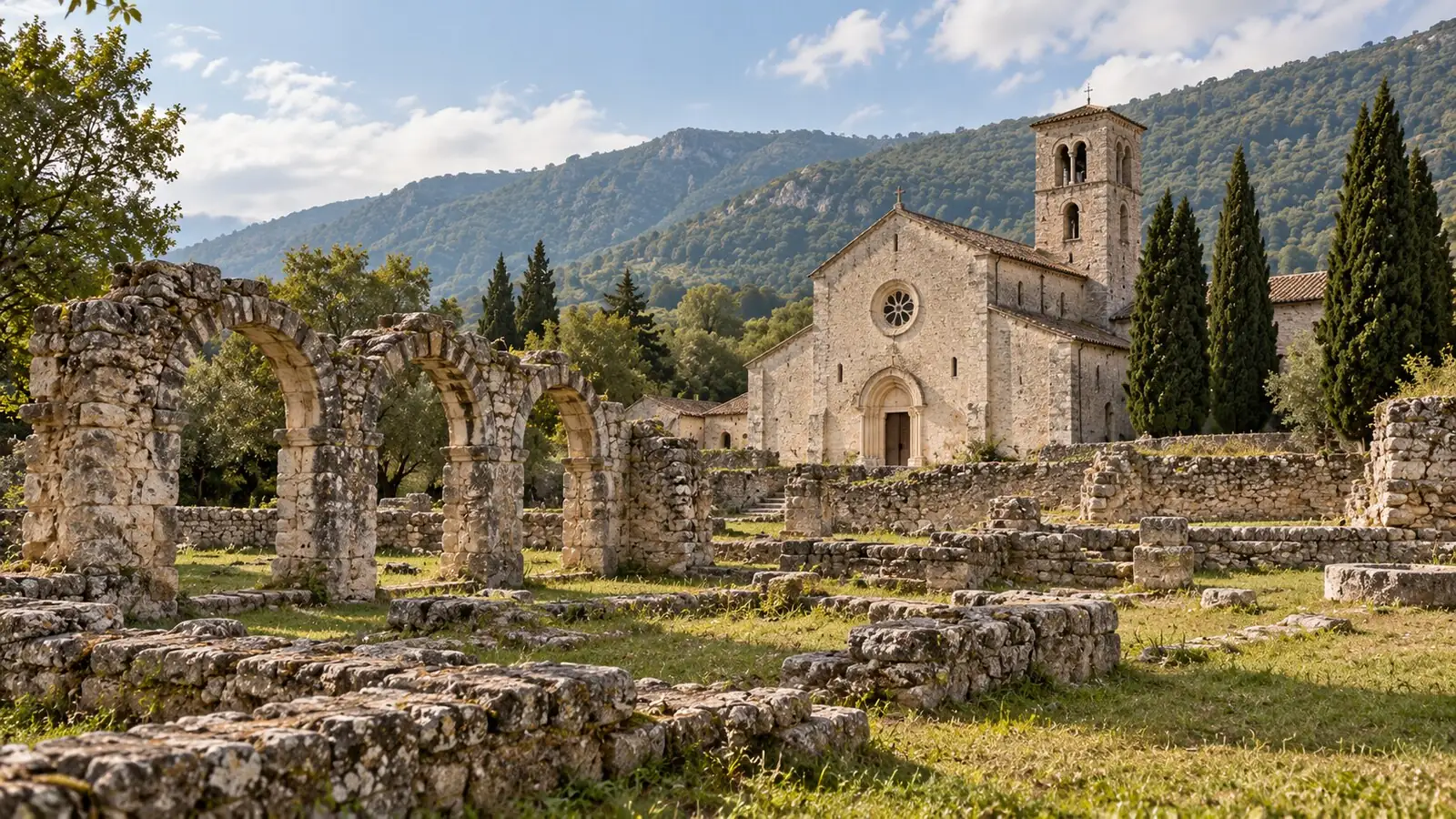 Composizione editoriale del complesso monumentale di San Vincenzo al Volturno, con rovine e abbazia.