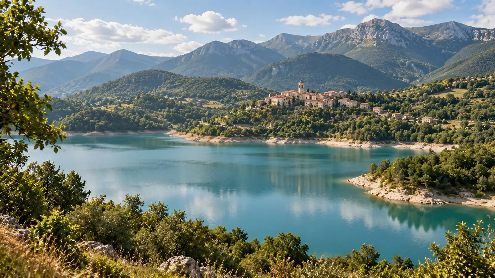 Composizione editoriale panoramica del lago di Castel San Vincenzo, con il borgo e le Mainarde.