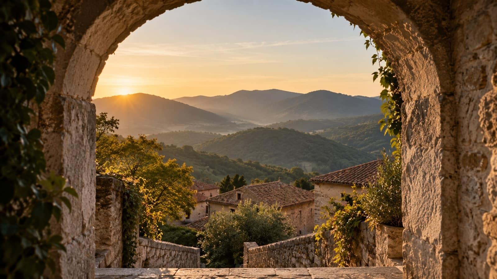 Un arco in pietra del centro storico, incorniciato dall’edera, si apre sulla valle intorno a Scapoli: tetti in coppi, colline boscose e le montagne al tramonto.